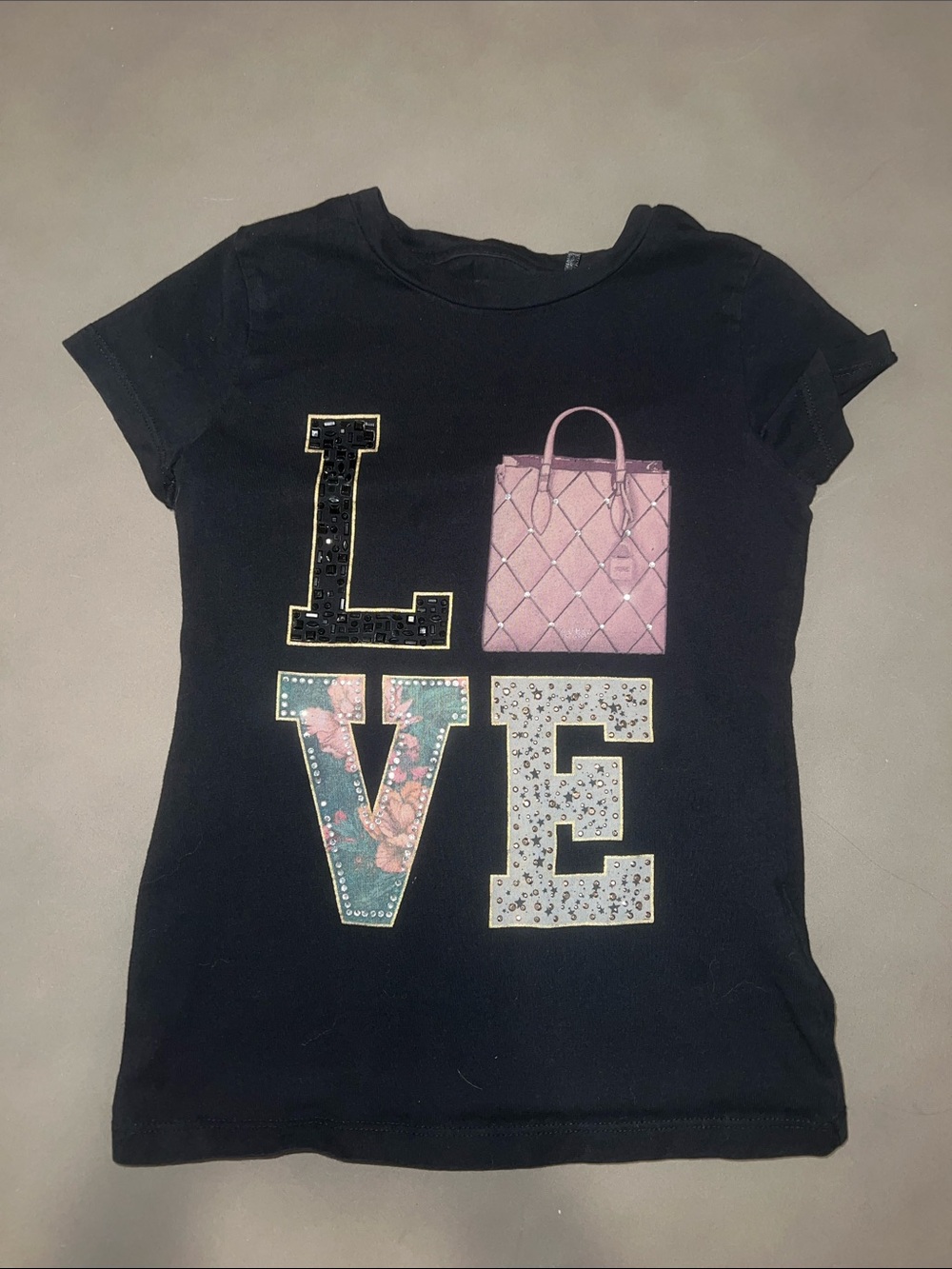 Guess Kids Black LOVE Graphic Y2K Style Pink Purse, Rhinestones, Sparkles